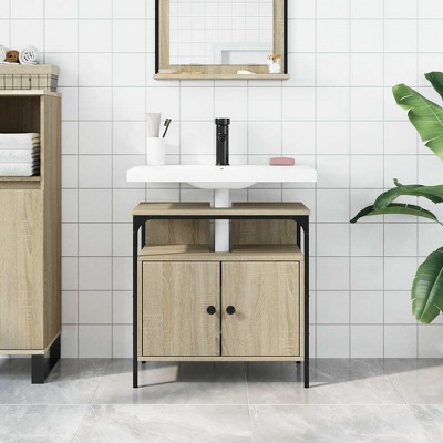CLIHOME Engineered Wood Bathroom Sink Cabinet with Powder-Coated Steel Frame, Modern Storage Sideboard Cupboard for Toiletries