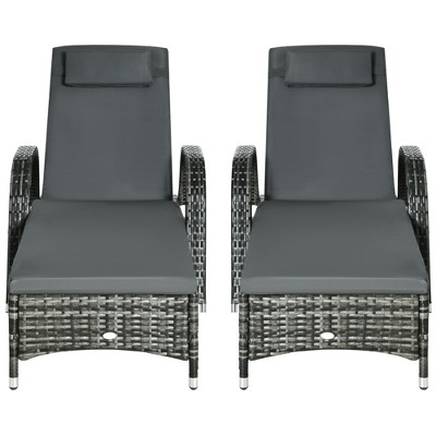 Gray Wicker Outdoor Chaise Lounge Set with Cushions and Wheels