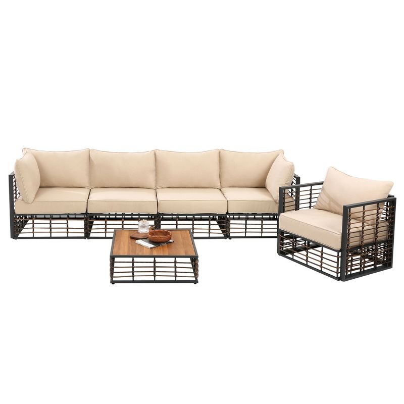 Erica 6-Piece All-Weather Steel Patio Conversation Set, Sectional Sofa with Thick Cushions and Coffee Table, Outdoor Furniture, Beige - Maison Boucle, 2 of 11
