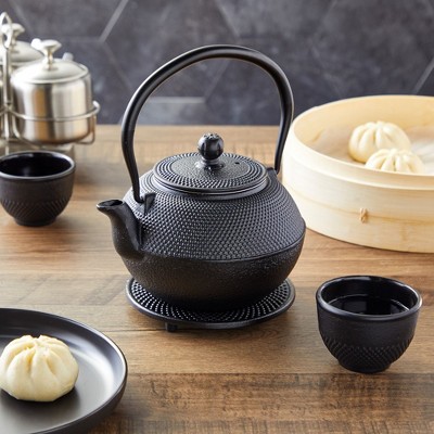 Black Cast Iron Japanese Teapot Set with Cups and Trivet