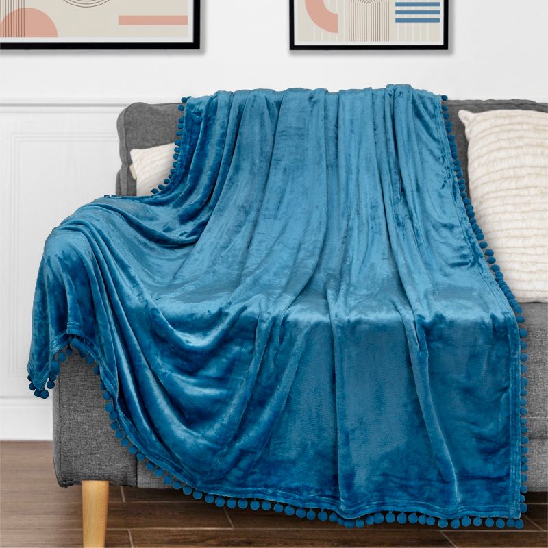 PAVILIA Fleece Pom Pom Blanket Throw for Sofa Bed, Soft Lightweight Pompom Fringe Blanket for Couch, 2 of 7