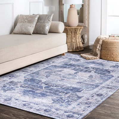 Navy/Cream Medallion Washable Synthetic Area Rug 5' x 8'