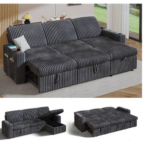 Vipbear 101" Sectional Sleeper Sofa Bed with Pull Out Bed, Reclining Backrest/Reversible Storage Chaise/USB Ports/Cup Holders, Plush Corduroy - 1 of 4