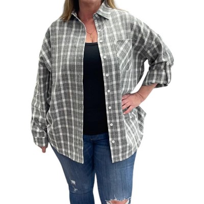 Women's Plaid Long Sleeve Button Up Shirt - White Birch