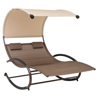 Outdoor Double Chaise Lounge Chair Rocking Daybed & Sunlounger with Canopy - Brown - Crestlive Products