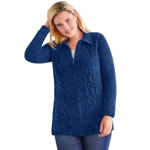 Woman Within Chenille Zip Cable Cardigan - 1 of 4