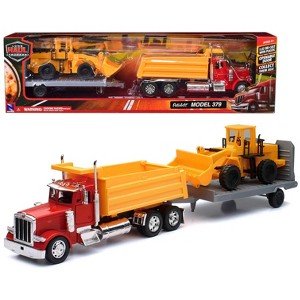 Peterbilt 379 Dump Truck Red and Wheel Loader Yellow w/Flatbed Trailer "Long Haul Truckers" Series 1/32 Diecast Model by New Ray - 1 of 3
