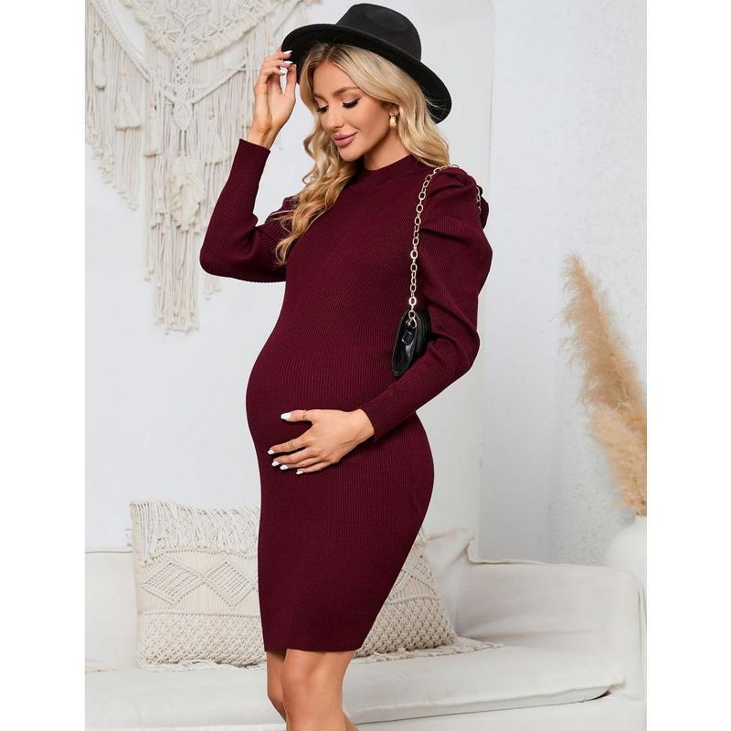 Maternity Ribbed Knit Sweater Puff Long Sleeve Bodycon Dress Mock Neck Fall Casual Midi Dress Baby Shower Photoshoot, 3 of 8