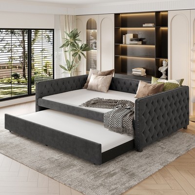 KIGFTSOD Full Size Daybed, Upholstered Tufted Sofa Bed with Trundle