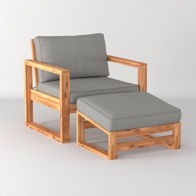 Galia 2pc Square Leg Acacia Wood Chair and Ottoman with Cushions - Brown - Saracina Home