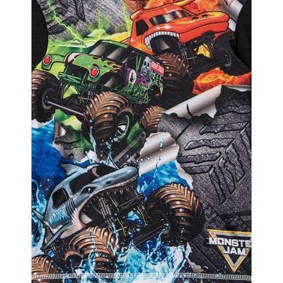 Monster Jam Little Boys' Long Sleeve Graphic Swim Shirt and Allover Print Drawstring Board Shorts Outfit Black 5 — фото 7