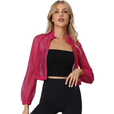 Allegra K Women's Zipper Crop Bomber Mesh Sheer Jacket Hot Pink X-Large