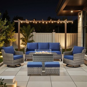 Buenhomino 4/6/7 PCS Patio Furniture Set with Fire Pit Table, Weather-Resistant Wicker Patio Fire Pit Set with Sofa Couch, Swivel Patio Chair Set - 1 of 4