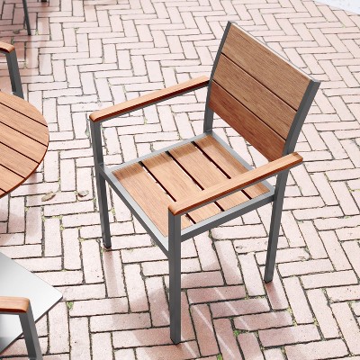 Gray Metal Patio Dining Chair with Natural Faux Teak Slats