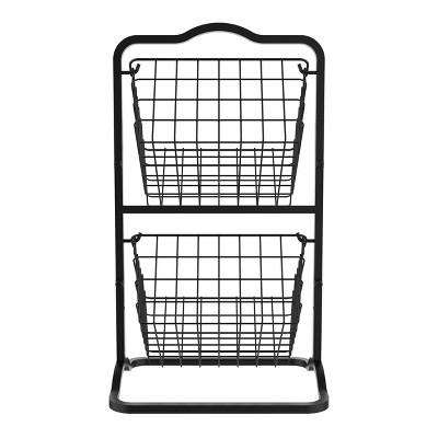 Black 2-Tier Metal Wire Storage Basket Stand