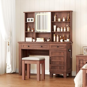 Makeup Vanity Desk with Mirror and Lights, Power Outlet, 2 Drawers, Cushioned Stool, Glass Top Dressing Table for Bedroom Dressing Room - 1 of 4