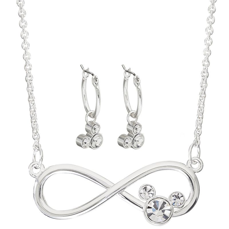 Disney Mickey Mouse Womens Infinity Necklace and Hoop Dangle Earrings Set, Silver Plated Crystal Accents - 18", 1 of 6