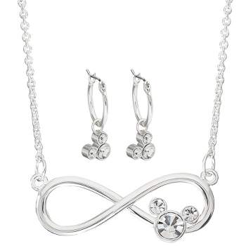 Disney Mickey Mouse Womens Infinity Necklace and Hoop Dangle Earrings Set, Silver Plated Crystal Accents - 18"
