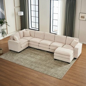 TiramisuBest Modern U-Shaped 6-Seat Sectional Sofa with Ottoman & 3 Toss Pillows, Modular Corduroy Sofa for Living Room, Orange - 1 of 4