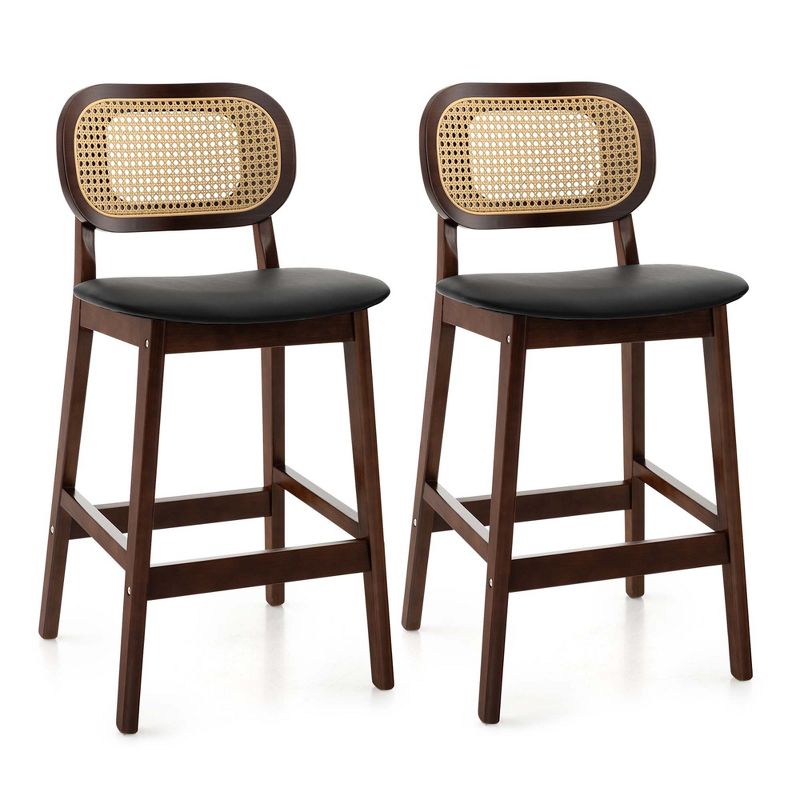 Costway Bar Stool Set of 2 Wood Bar Chairs PE Rattan Backrest Padded Seat & Footrest, 1 of 10
