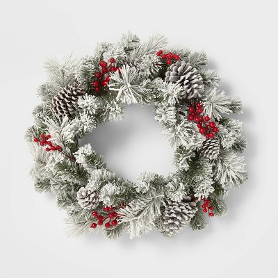 24" Flocked Glittered Pine Artificial Christmas Wreath with Pinecones and Red Berries - Wondershop™