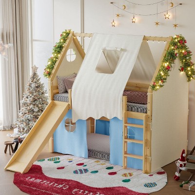 KWPZQEB Kids Loft Bed with Ladders & Slide, Solid Wood Loft Bed with Tents & Lights, House Bed with Under-Bed Play Space for Kids, No Spring Needed