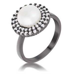 Slickblue Double Halo Pearl Cocktail Ring for Women, Hematite or Silver Finish, Freshwater Pearl, CZ Accents, Sizes 5-10 - 1 of 1