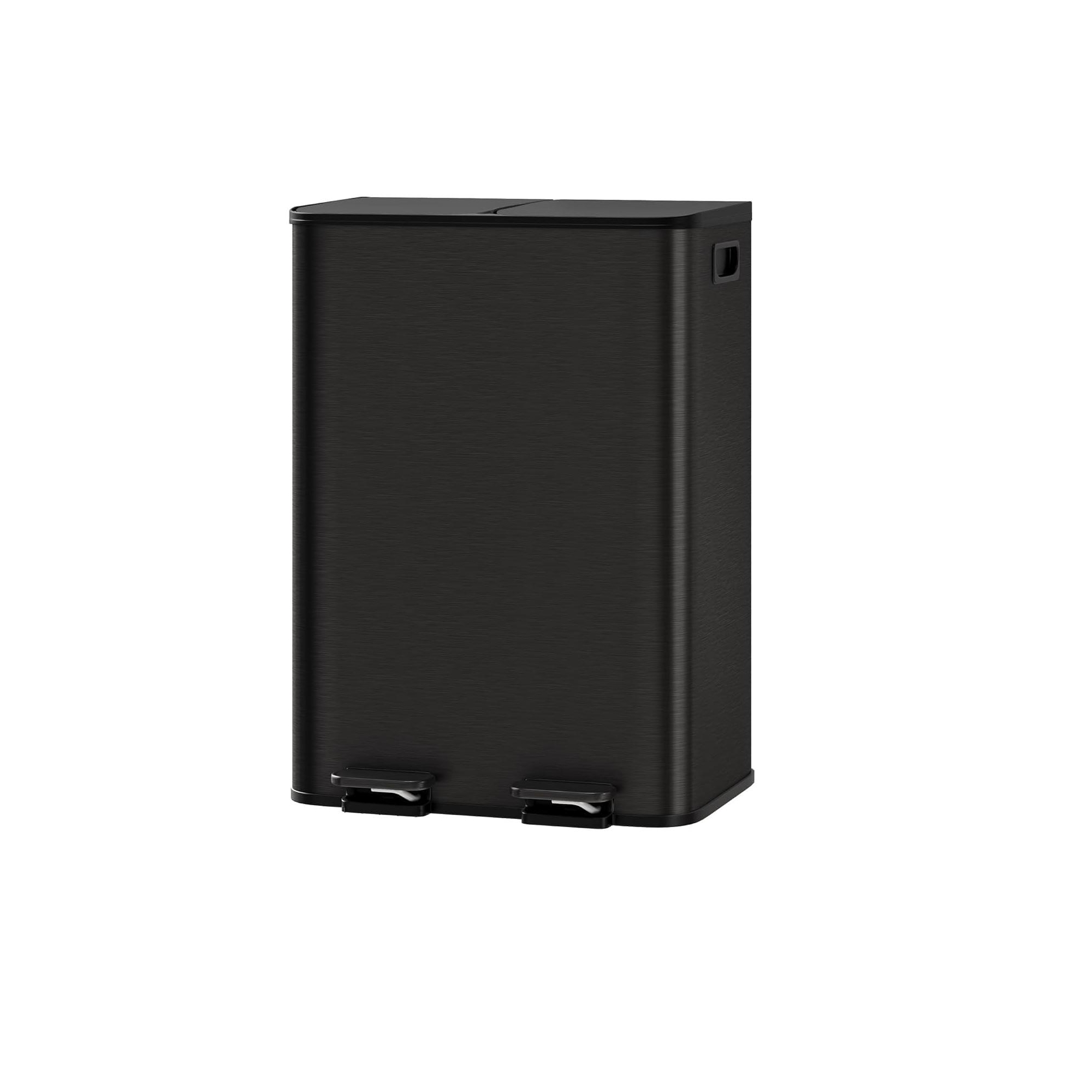 Dual Compartment Stainless Steel Trash Can ¨C 2¡Á15L, Black, Step-On Pedal & Soft-Close Lids ¨C Kitchen Waste & Recycling Bin (1-Pack)