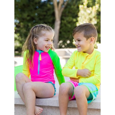 RuffleButts Toddler Girls' UPF50+ Long Sleeve Rash Guard One Piece - Neon Color Block, 4T — фото 4