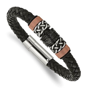Black Bow Jewelry Men's Tricolor Stainless Steel & Black Leather Bead Bracelet, 8.5 Inch - 1 of 4