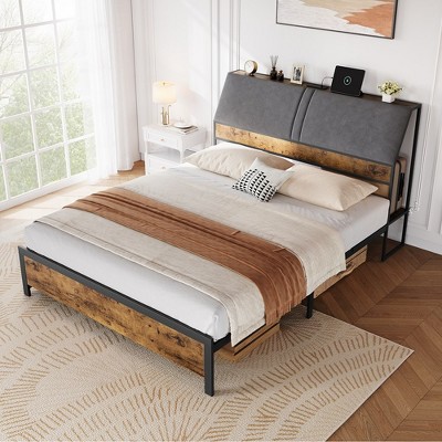 Bed Frame with Charging Station and 4 Storage Drawers,Metal Platform Bed with Ergonomic Large Storage Headboard, No Box Spring Needed,Brown