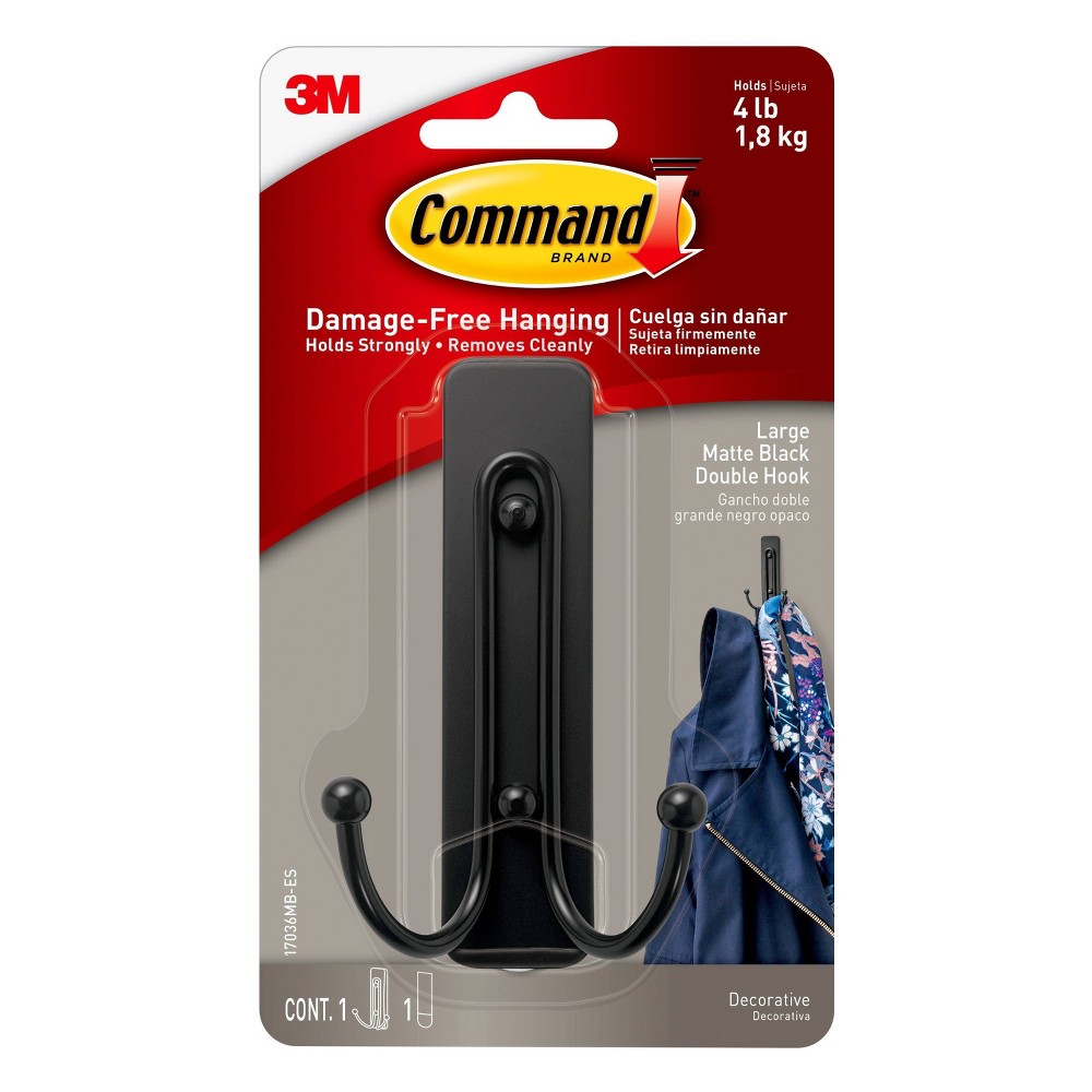 Command Large Sized Double Decorative Hook Matte Black: Wall Hooks, Plastic, Painted Finish, 4 lb Capacity