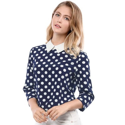 Allegra K Women's Polka Dots Contrast Peter Pan Collar Top 3/4 Sleeves  Blouse Pink X-Small