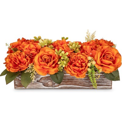 BRINJOY 14-Inch Wooden Vase Artificial Flower Arrangement | Burnt Orange Roses, Peonies & Hydrangeas for Living Room Table Centerpiece