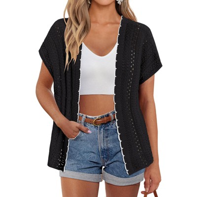 Clearlove Women Cardigan Summer Short Sleeves Hollow Out Crochet Knit Shrug Dressy V Neck Lightweight Sweater