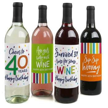 Big Dot of Happiness 40th Birthday - Cheerful Happy Birthday - Colorful Fortieth Birthday Party Decor - Wine Bottle Label Stickers - Set of 4