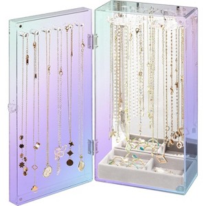 Acrylic Jewelry Organizer with 24 Hooks, Rotating Clear Necklaces Display Box with Built-in Mirror - 1 of 4
