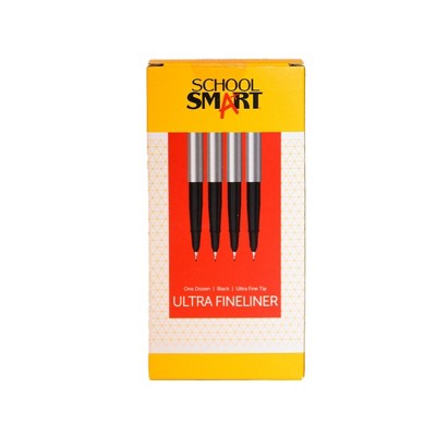 School Smart Fineliner Pen, 0.4 mm Ultra Thin Tip, Black, Pack of 12