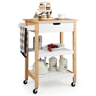 Tangkula 3-Tier Kitchen Island Cart Rolling Service Trolley w/ Bamboo Top Shelves