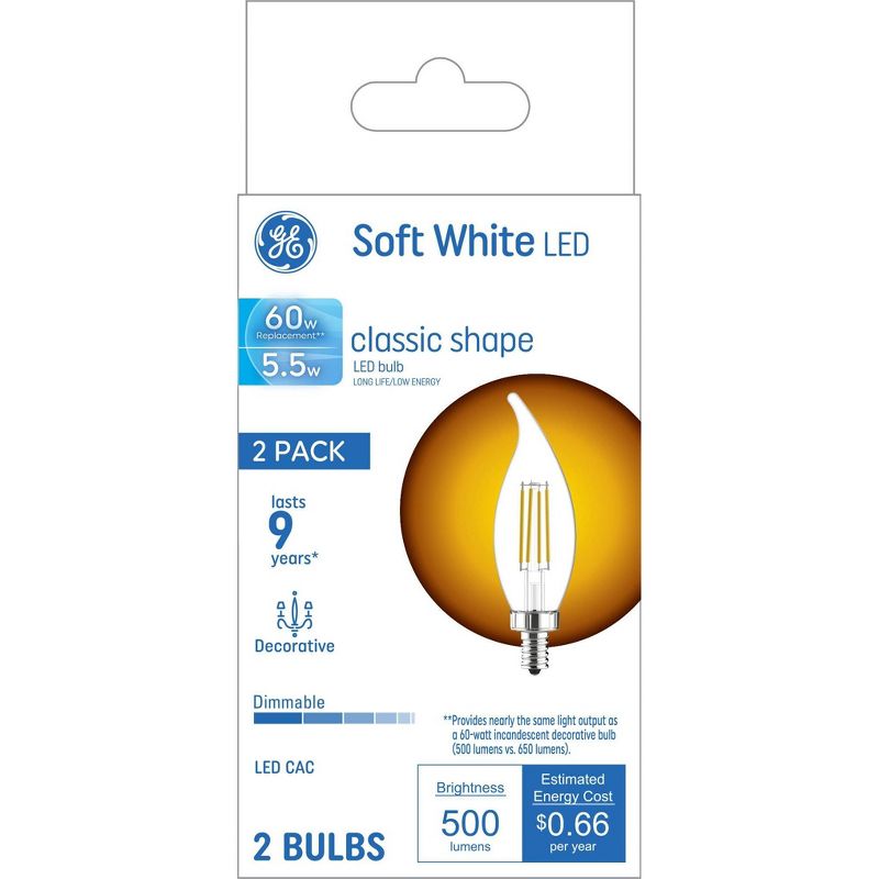 GE 2pk 5.5 Watts Soft White Candelabra Base LED Decorative Light Bulbs, 5 of 7