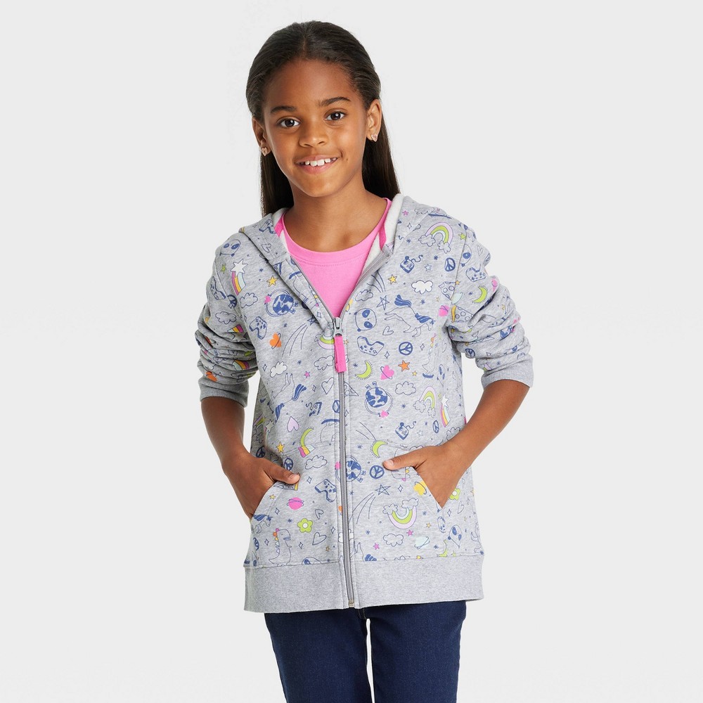 Girls' Printed Zip-Up Hoodie - Cat & Jack Heather Gray XS