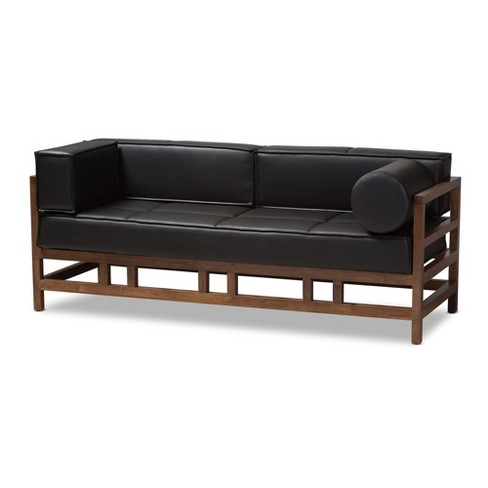 Shaw Midcentury Modern Pine Faux Leather Walnut Wood 2 Seater Sofa Black Baxton Studio