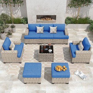XIZZI All-Weather Rattan Furniture, Sectional Sets w/ Optional Solar Light-Up Coffee Table & Ottoman, Choose 6-9pc Configs in 8 Fade Resistant Colors - 1 of 4