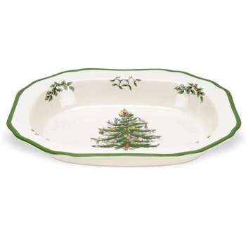 Spode Christmas Tree Open Vegetable Dish, 11.5 Inch Festive Earthenware Serving Bowl with Holiday Green Trim