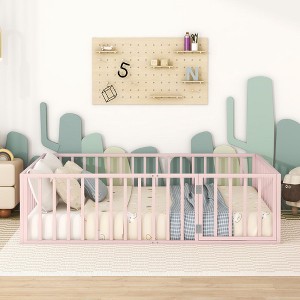 CAVINAS Kids Montessori Bed with Door,Versatile Metal Floor Bed with Fence,Twin/Full/Queen Size Toddler Bed for Bedroom Playroom,Black/White/Pink - 1 of 4