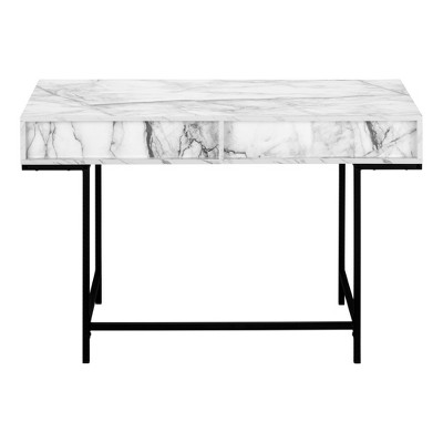 Vynxaria 48" White Marble Look Laminate Black Metal Desk Luxury Modern Home Office Workstation with Storage Drawers