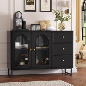 47.2" Sideboard Buffet Cabinet with 3 Drawers & Fluted Glass Doors, Coffee Bar for Kitchen, Dining Room & Living Room, Black - 1 of 4