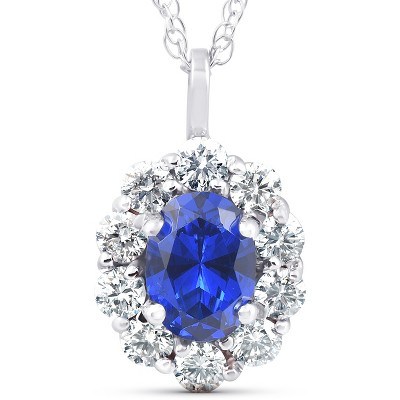 Pompeii3 2 ct Oval Created Blue Sapphire & Genuine Diamond Halo Pendant 14K White Gold