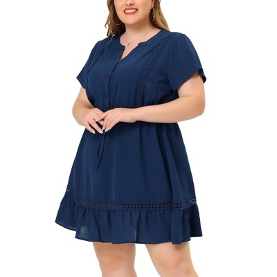 Agnes Orinda Women's Plus Size Elegant Short Sleeve Tie Waist Ruffle Hem at  Kness Shirt Dresses Navy Blue 3X