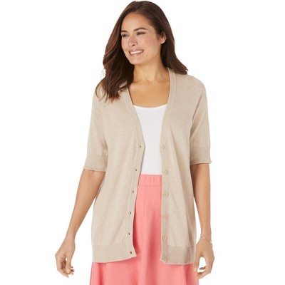 Woman Within Plus Size Lightweight Short Sleeve V-Neck Cardigan